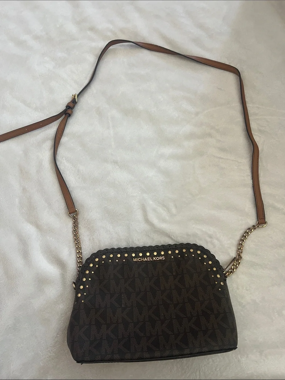 Michael Kors Brown Logo Crossbody with Gold Stud Accents